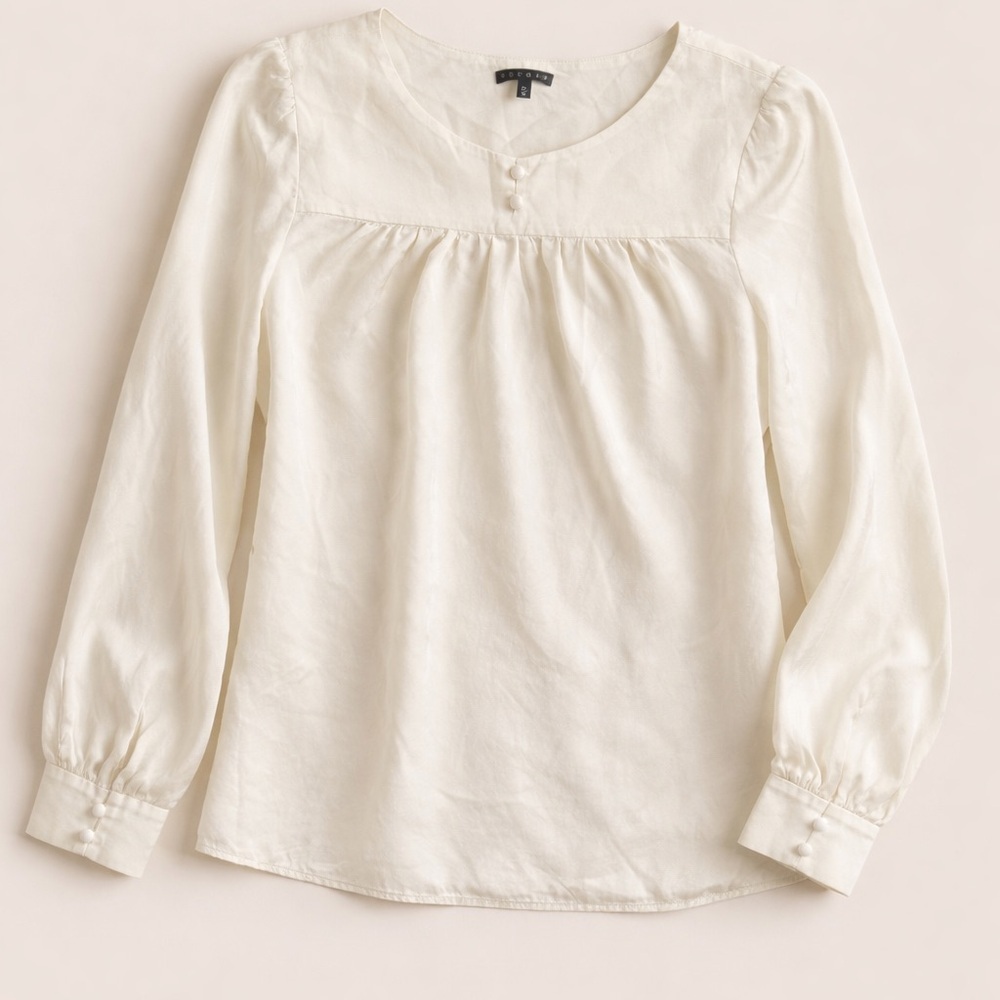Theory 💯 Silk Women's Cream Long-Sleeve Button Yoke Blouse